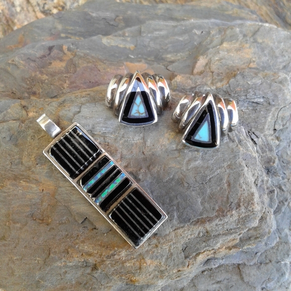 Sterling Silver Black Onyx inlaid pendant SET - Picture 6 of 6